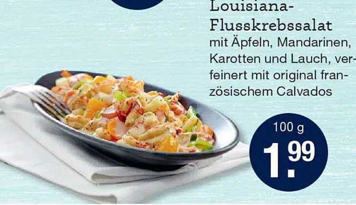 Louisiana-Flusskrebs-Salat mit Äpfeln, Mandarinen, Karotten und Lauch, verfeinert mit original französischem Calvados