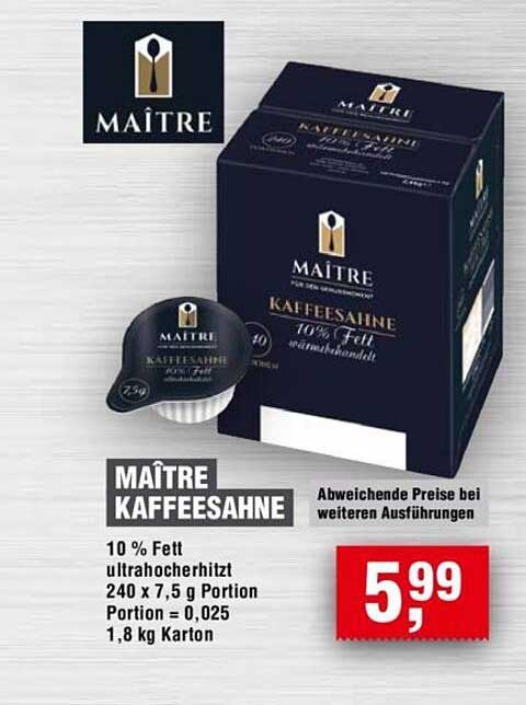 MAÎTRE KAFFEESAHNE 10 % Fett, ultraohre erhitzt