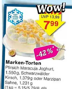 Marken-Torten: Pfirsich Maracuja Joghurt, Schwarzwälder Kirsch oder Marzipan Sahne