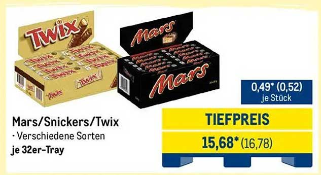 Mars/Snickers/Twix – verschiedene Sorten, je 32er-Tray