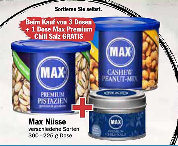 Max Nüsse - Verschiedene Sorten 300-225 g Dose