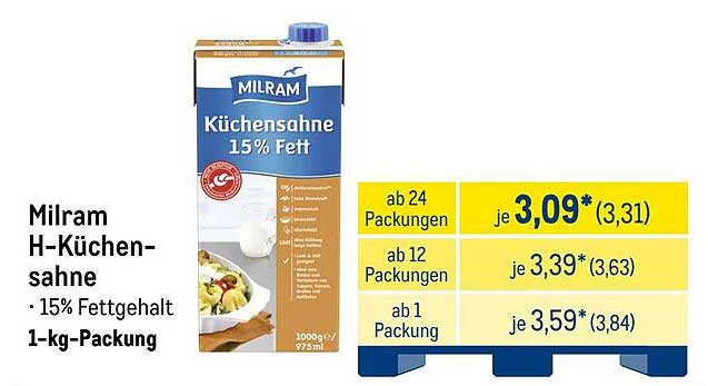 Milram H-Küchensahne 15% Fett, 1-kg-Packung