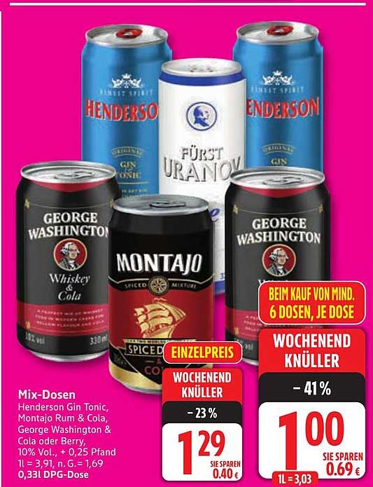 Mix-Dosen: Henderson Gin Tonic, Montajo Rum & Cola, George Washington & Cola oder Berry