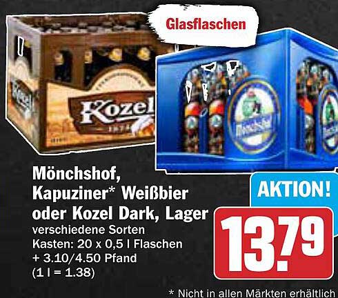 Mönchshof, Kapuziner Weißbier oder Kozel Dark, Lager (20 x 0,5 l Flaschen)