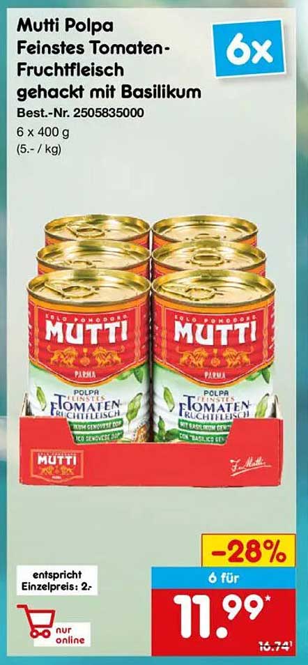 Mutti Polpa Feinstes Tomaten-Fruchtfleisch gehackt mit Basilikum 6 x 400 g