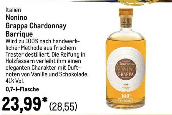 Nonino Grappa Chardonnay Barrique 0,7 l-Flasche