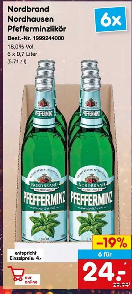 Nordbrand Nordhausen Pfefferminzlikör - 6 x 0,7 Liter