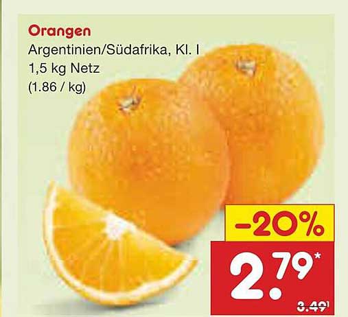 Orangen Argentinien/Südafrika, Kl. I, 1,5 kg Netz