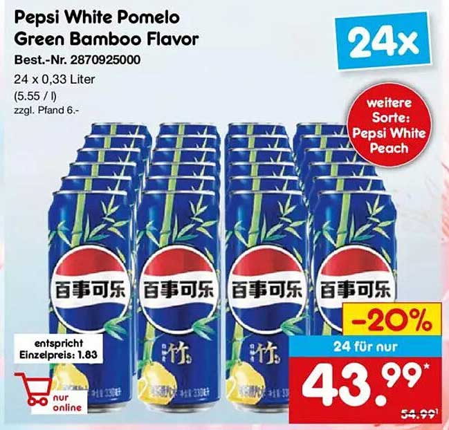 Pepsi White Pomelo Green Bamboo Flavor - 24 Dosen für nur 43,99€