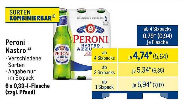 Peroni Nastro - 6 x 0,33 l Flasche (zzgl. Pfand)