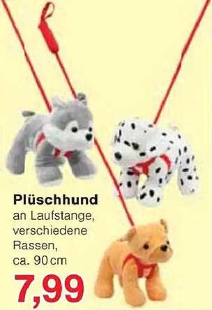 Plüschhund an Laufstange, verschiedene Rassen, ca. 90 cm