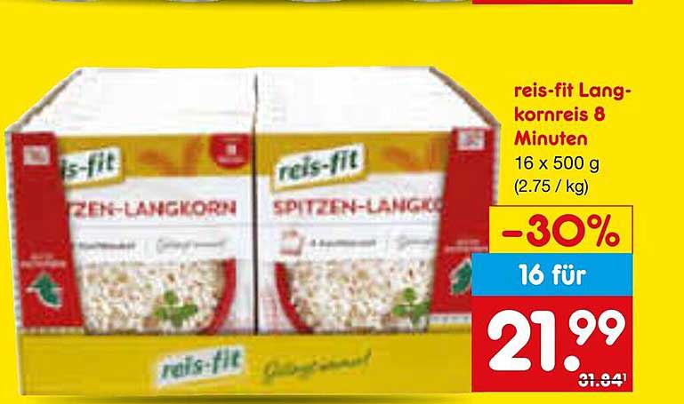 reis-fit Langkornreis 8 Minuten – 30% Rabatt auf 16 x 500 g