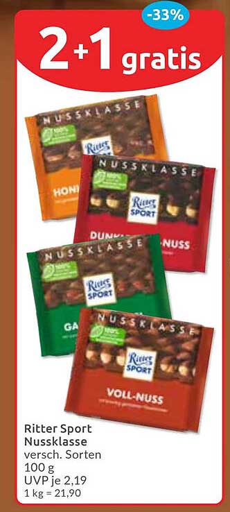 Ritter Sport Nussklasse 100 g - 2+1 gratis