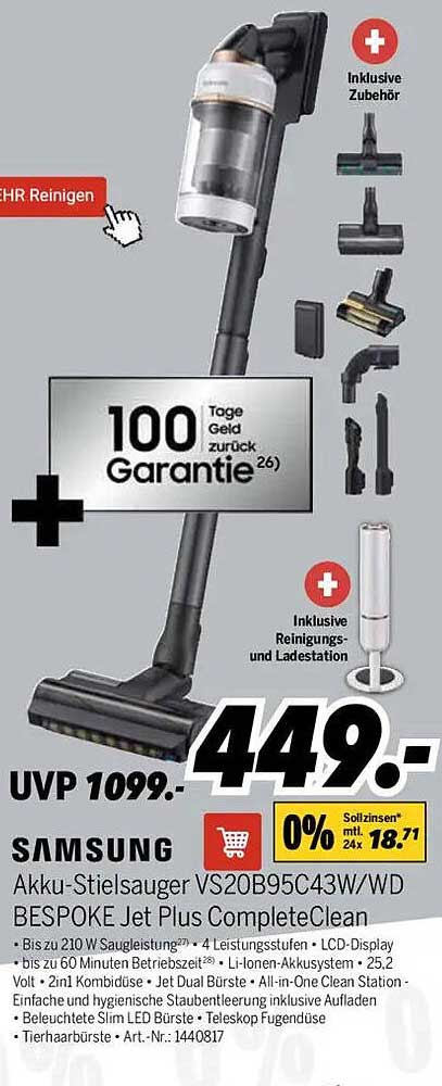 Samsung Akku-Stielsauger VS20B95C43W/WD BESPOKE Jet Plus CompleteClean