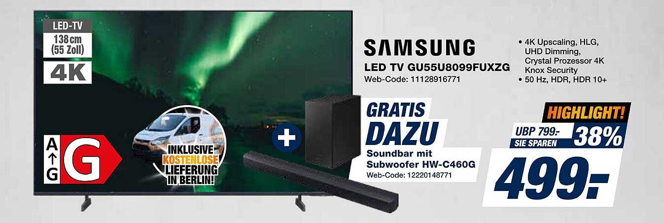 Samsung LED TV GU55U8099FUXZG inkl. Soundbar mit Subwoofer HW-C460G