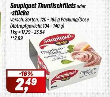 Saupiquet Thunfischfilets oder -stücke, 120 – 185 g Packung/Dose