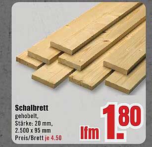 Schalbrett - gehobelt, Stärke: 20 mm, 2.500 x 95 mm