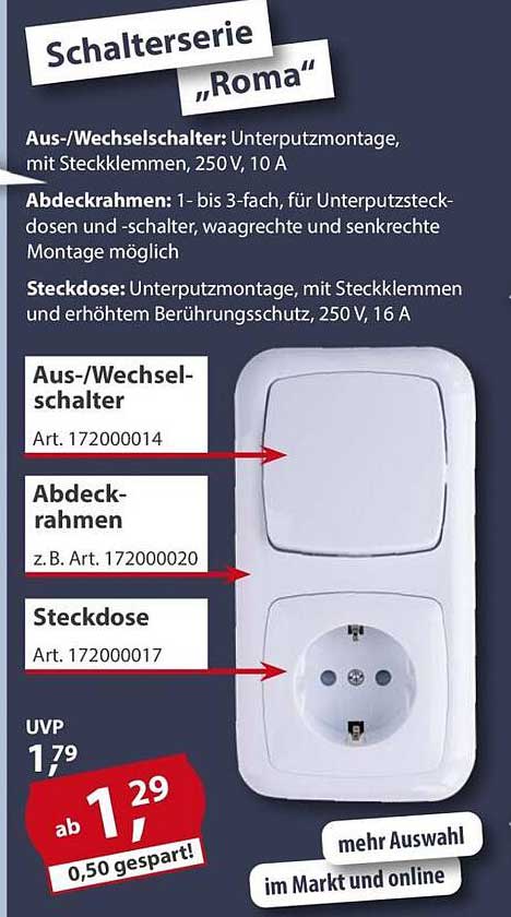 Schalterserie „Roma“ - Aus/Wechselschalter, Abdeckrahmen, Steckdose