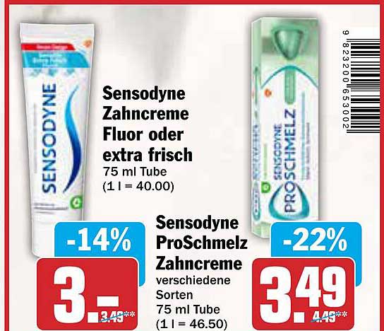 Sensodyne Zahnpasta Fluor oder extra frisch 75 ml und Sensodyne ProSchmelz Zahnpasta verschiedene Sorten 75 ml