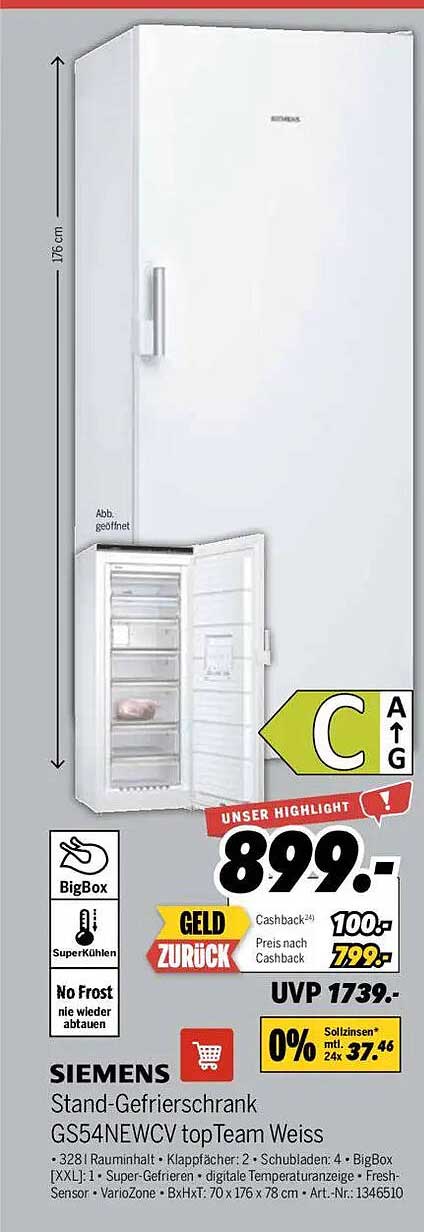 SIEMENS Stand-Gefrierschrank GS54NEWCV topTeam Weiss