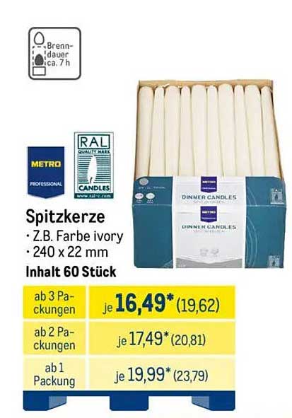Spitzkerze - Z.B. Farbe ivory, 240 x 22 mm, Inhalt 60 Stück