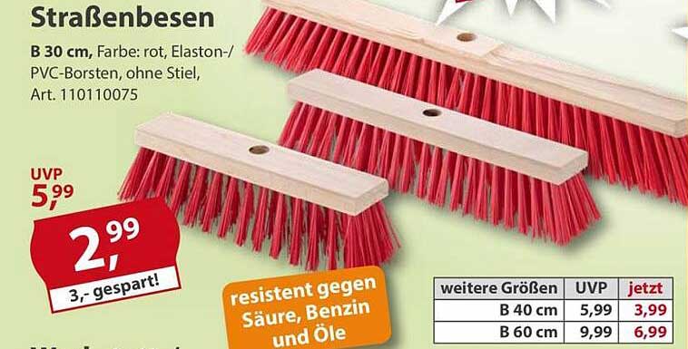 Straßenbesen 30 cm, rot, PVC-Borsten, ohne Stiel