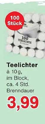 Teelichter à 10g, im Block, ca. 4 Std. Brenndauer