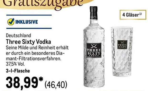 Three Sixty Vodka 3-Liter-Flasche mit 4 Gläsern