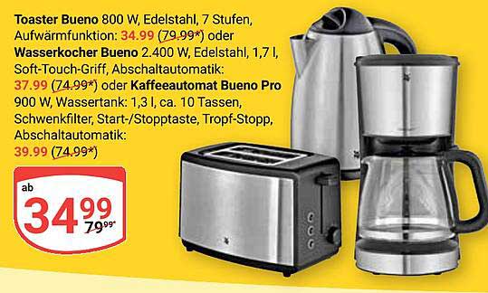 Toaster Bueno 800 W, Wasserkocher Bueno 2.400 W, Kaffeemaschine Bueno Pro 900 W