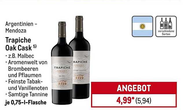 Trapiche Oak Cask Malbec – 0,75 l Flasche zum Sonderpreis