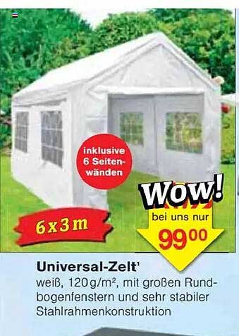 Universal-Zelt 6x3m, weiß, mit 6 Seitenwänden