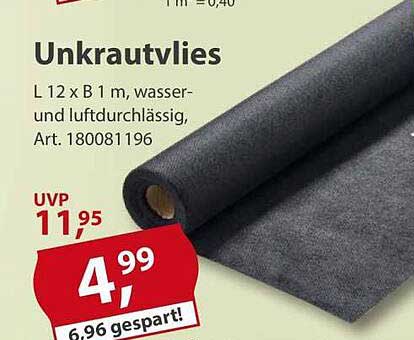 Unkrautvlies L 12 x B 1 m, wasser- und luftdurchlässig, Art. 180081196