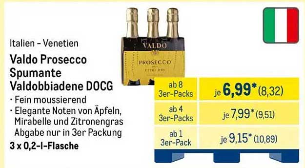 Valdo Prosecco Spumante Valdobbiadene DOCG 3 x 0,2 l-Flasche