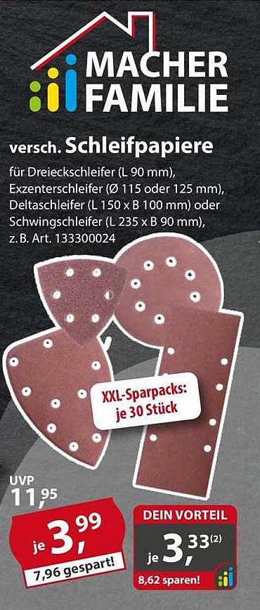 Verschiedene Schleifpapiere für Deltaschleifer, Exzenterschleifer und Dreiecksschleifer