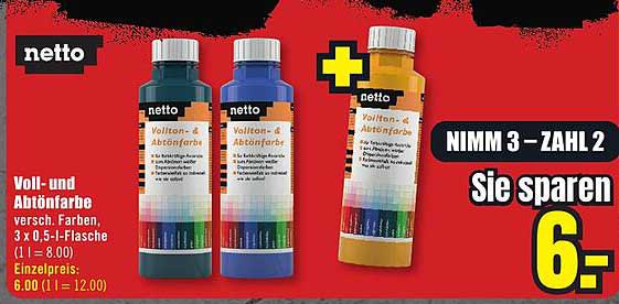 Voll- und Abtönfarbe verschiedene Farben 3 x 0,5 l-Flasche
