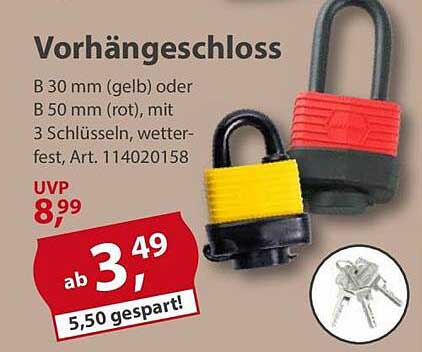 Vorhängeschloss B 30 mm (gelb) oder B 50 mm (rot) mit 3 Schlüsseln