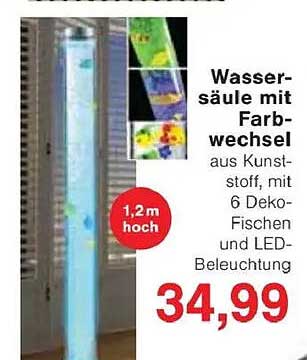Wassersäule mit Farbwechsel aus Kunststoff, mit 6 Deko-Fischen und LED-Beleuchtung