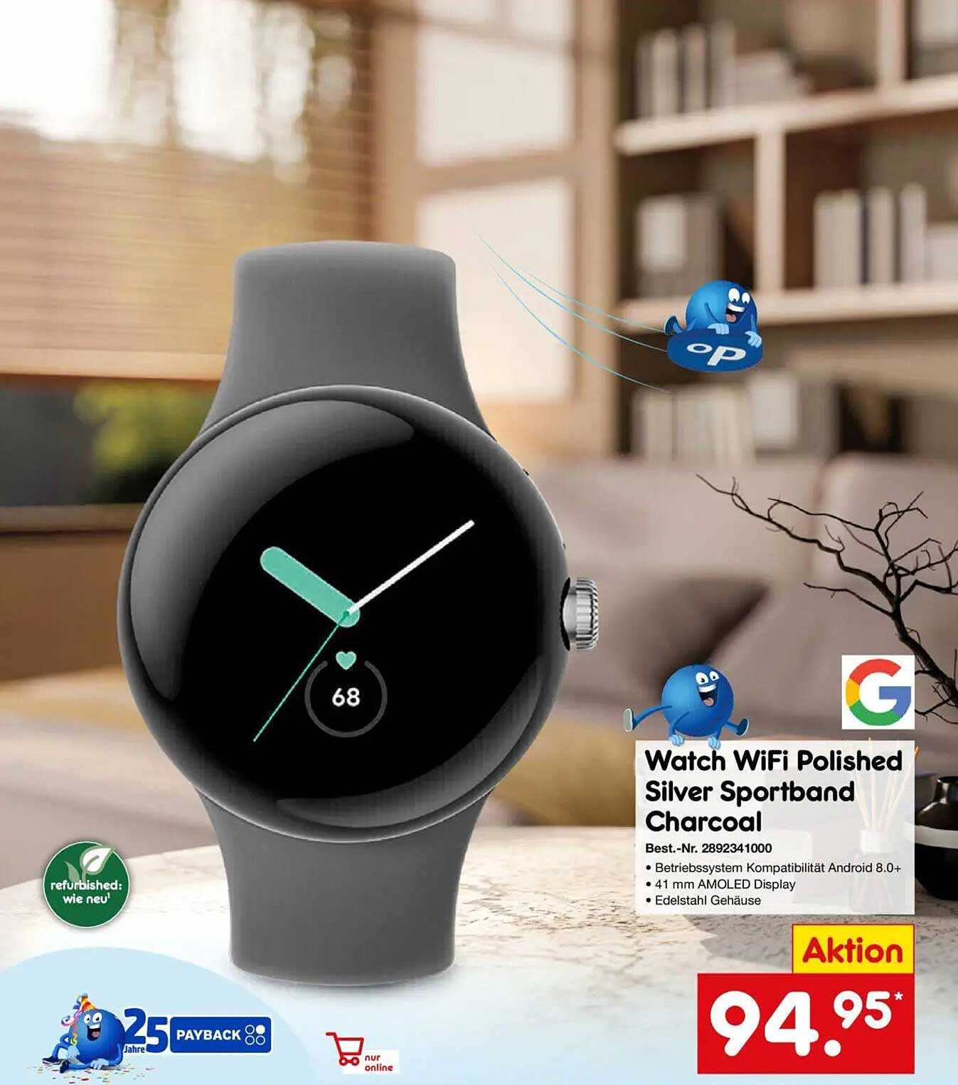 Watch WiFi Polished Silver Sportband Charcoal
