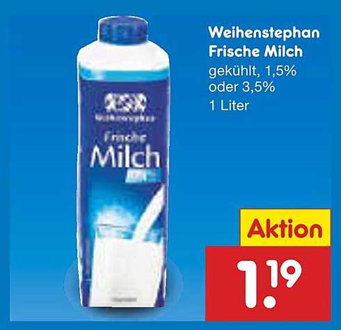 Weihenstephan Frische Milch, gekühlt, 1,5% oder 3,5%, 1 Liter