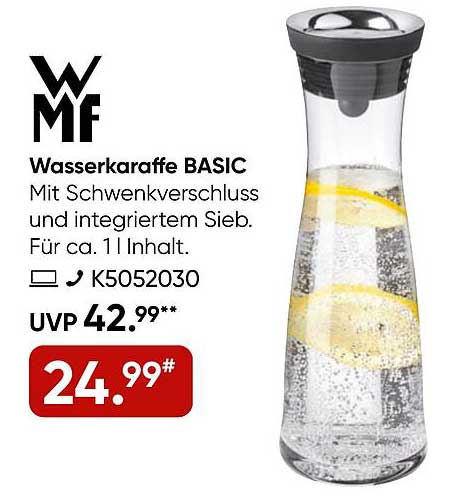 WMF Wasserkaraffe BASIC mit Schwenkverschluss und integriertem Sieb für ca. 1 l Inhalt