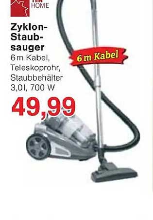 Zyklon-Staubsauger - 6 m Kabel, Teleskoprohr, Staubbehälter 3,0 l, 700 W