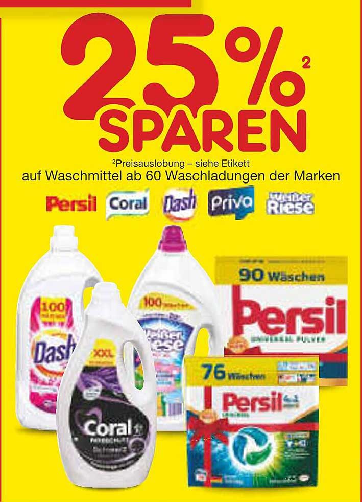 25% SPAREN auf Waschmittel ab 60 Waschladungen der Marken Persil, Coral, Dash, Priva und Weißer Riese
