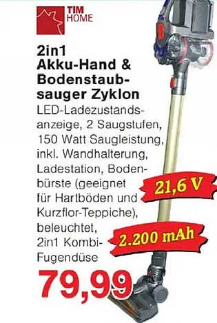 2in1 Akku-Hand & Bodenstaubsauger Zyklon