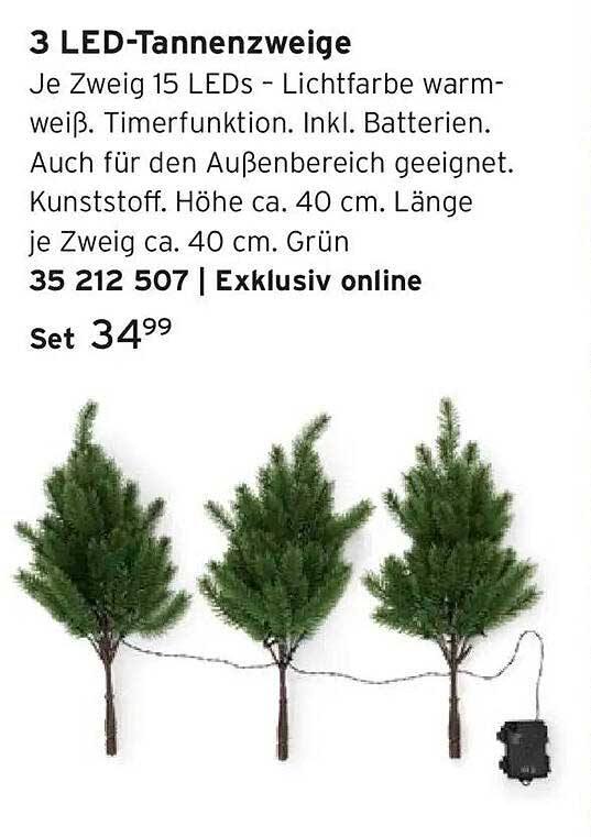 3 LED-Tannenzweige – Lichtfarbe warm-weiß mit Timerfunktion