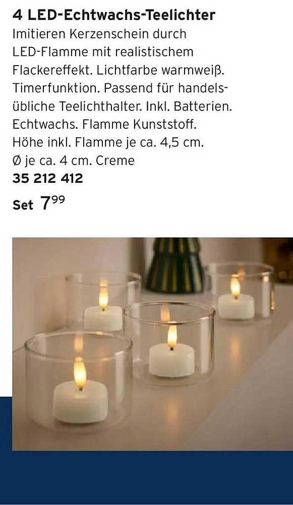 4 LED-Echtwachskerzen-Teelichter