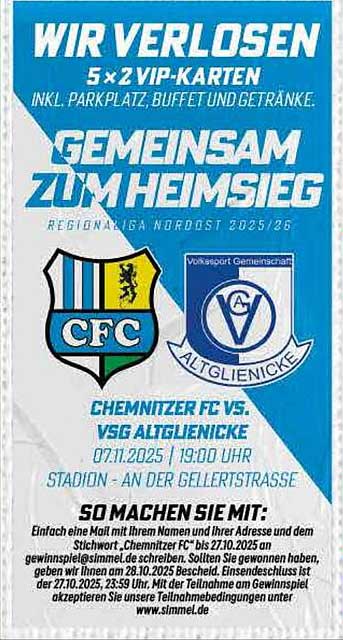 5 x 2 VIP-Karten für das Heimspiel Chemnitzer FC gegen VSG Altglienicke