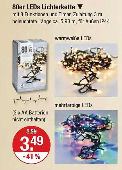 80er LEDs Lichterkette mit 8 Funktionen und Timer, 3 m, IP44