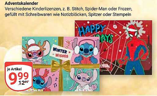 Adventskalender mit verschiedenen Kinderlizenzen, z. B. Stitch, Spider-Man oder Frozen