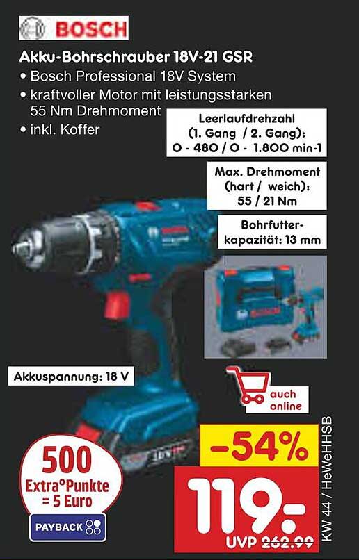 Akku-Bohrschrauber 18V-21 GSR von Bosch - Angebot mit 54% Rabatt