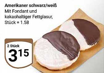 Amerikaner schwarz/weiß mit Fondant und kakaohaltiger Fettglasur, Stück = 1.58